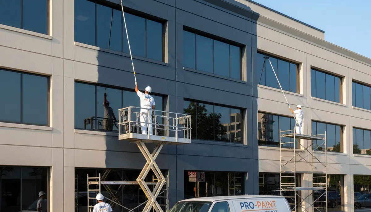Professional commercial painters coating office exterior in San Francisco, CA for durable, weather-resistant finish