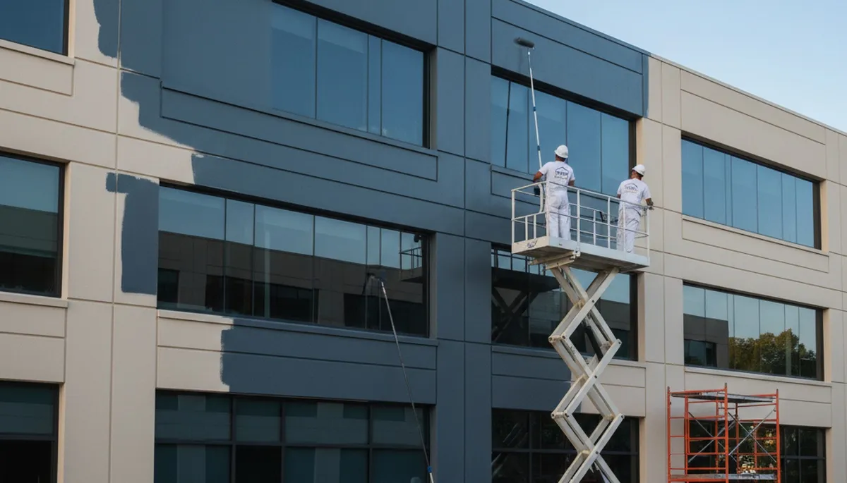 Professional commercial painters in San Francisco CA applying durable exterior paint to a retail building
