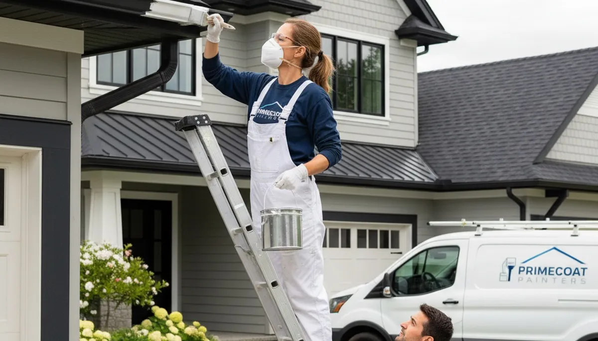Professional gutter painting on a San Francisco home by expert house painters, durable coastal finish