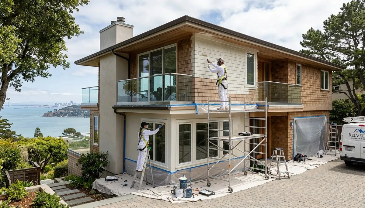 Professional house painters in San Francisco CA applying fresh exterior paint to residential home