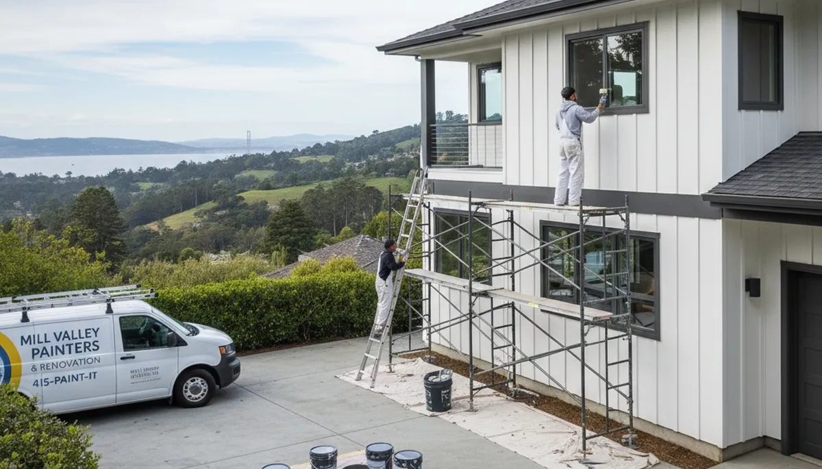 San Francisco, CA house painter applying exterior paint on a residential home