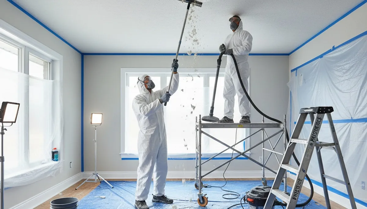 Contractor removing popcorn ceiling in San Francisco CA home during professional ceiling painting service