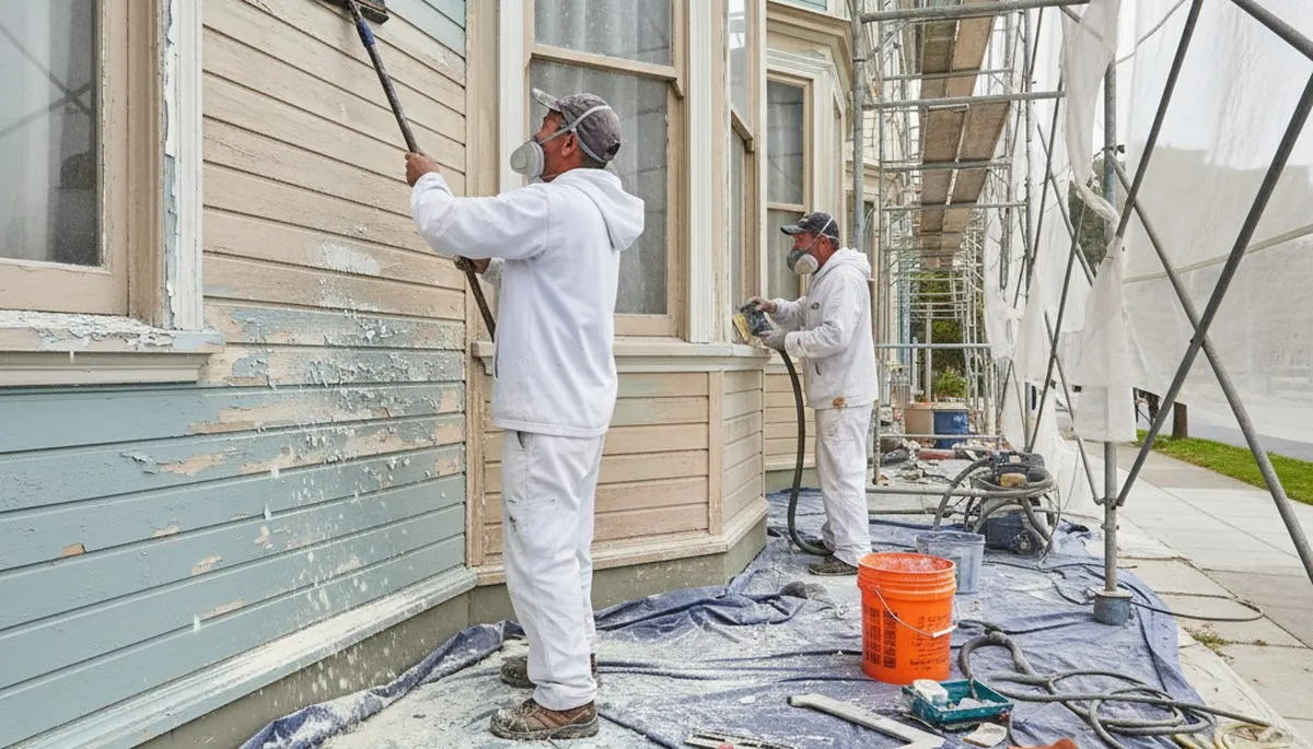 Painter sanding exterior wall for surface prep in San Francisco, CA before applying weatherproof coating